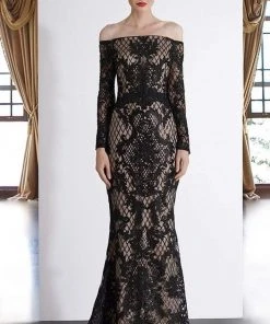 Formal Gowns Janique - JA4017 Off-Shoulder Long Sleeves Lace Dress In Black / Nude