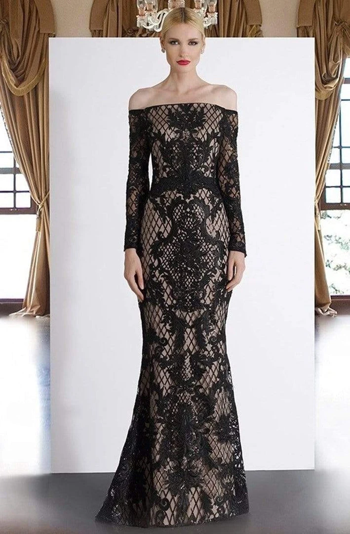 Formal Gowns Janique - JA4017 Off-Shoulder Long Sleeves Lace Dress In Black / Nude 3 Formal Gowns Janique - JA4017 Off-Shoulder Long Sleeves Lace Dress In Black / Nude