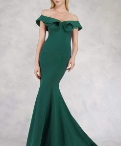 Janique - JQ1801 Split Off The Shoulder Mermaid Evening Gown Formal Gowns