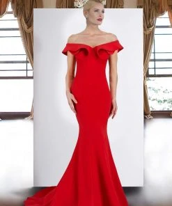 Janique - JQ1801 Split Off The Shoulder Mermaid Evening Gown Formal Gowns
