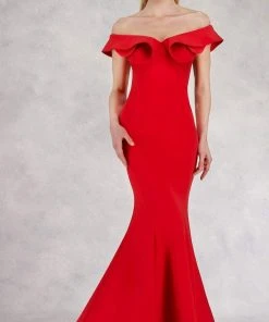 Janique - JQ1801 Split Off The Shoulder Mermaid Evening Gown Formal Gowns