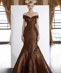 Janique - JQ1908 Metallic Off-Shoulder Mermaid Dress In Bronze