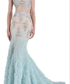 Janique - Lace And Tulle Floral Applique Flare Gown 1514