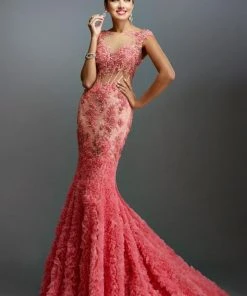 Janique - Lace And Tulle Floral Applique Flare Gown 1514 15 Janique - Lace And Tulle Floral Applique Flare Gown 1514