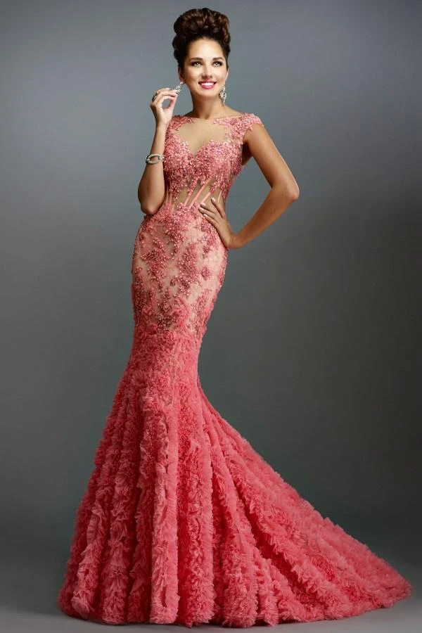 Janique - Lace And Tulle Floral Applique Flare Gown 1514 8 Janique - Lace And Tulle Floral Applique Flare Gown 1514