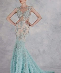 Janique - Lace And Tulle Floral Applique Flare Gown 1514 12 Janique - Lace And Tulle Floral Applique Flare Gown 1514