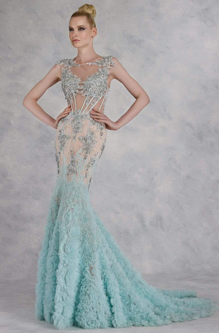 Janique - Lace And Tulle Floral Applique Flare Gown 1514 5 Janique - Lace And Tulle Floral Applique Flare Gown 1514