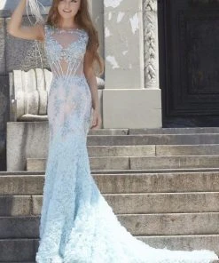 Janique - Lace And Tulle Floral Applique Flare Gown 1514 14 Janique - Lace And Tulle Floral Applique Flare Gown 1514