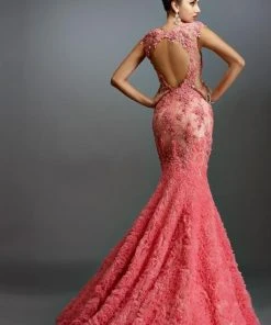 Janique - Lace And Tulle Floral Applique Flare Gown 1514 16 Janique - Lace And Tulle Floral Applique Flare Gown 1514