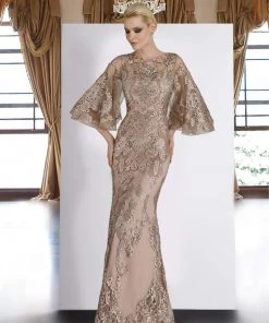 Janique - Lace Embroidered Bell Sleeve Bateau Trumpet Dress W2073 - 1 Pc Champagne In Size 12 Available