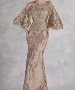 Janique - Lace Embroidered Bell Sleeve Bateau Trumpet Dress W2073 - 1 Pc Champagne In Size 12 Available