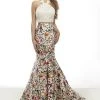 Formal Gowns Janique - Lace Halter Trumpet Two-Piece Evening Gown With Floral Prints JA2004