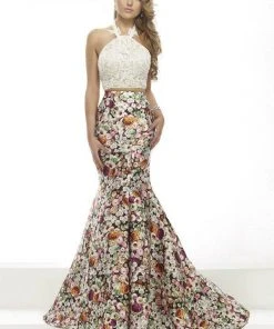 Formal Gowns Janique - Lace Halter Trumpet Two-Piece Evening Gown With Floral Prints JA2004
