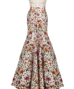 Formal Gowns Janique - Lace Halter Trumpet Two-Piece Evening Gown With Floral Prints JA2004