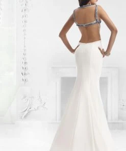 Janique - Long Beaded Strap Stretch Crepe With Open Back Gown W1008