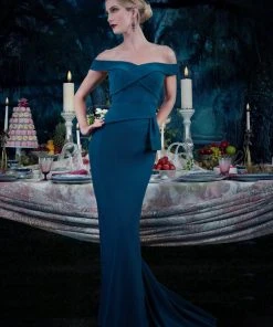 Janique - Off-Shoulder Wrap Style Trumpet Gown 16214 - 1 Pc Teal In Size 14 Available