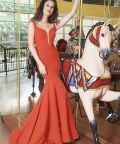 Formal Gowns Janique - Sleeveless Scalloped Deep V Neck Illusion Mermaid Gown W1711