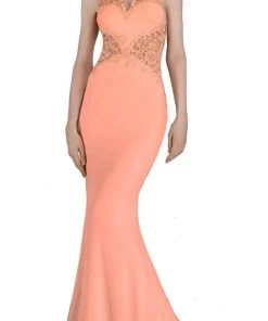 Janique - W974 Jersey Gown In Peach Formal Gowns