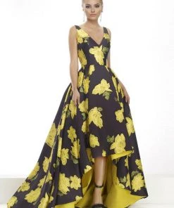 Formal Gowns Janique - Wide V Neck Hi-Lo Floral Ballgown JA2001