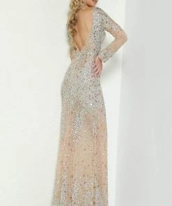 Formal Gowns Jasz Couture - Long Sleeve Embellished Sheath Dress 6455 - 1 Pc Nude In Size 2 Available