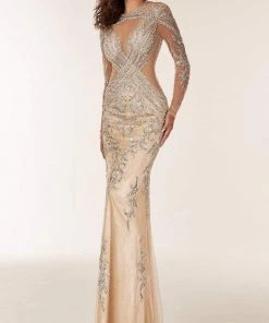Formal Gowns Jasz Couture - Long Sleeve Embellished Sheath Gown 6204 - 1 Pc Nude In Size 10 Available