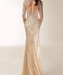 Formal Gowns Jasz Couture - Long Sleeve Embellished Sheath Gown 6204 - 1 Pc Nude In Size 10 Available