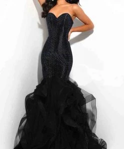 Jasz Couture - Ruffled Sweetheart Trumpet Dress 7352 - 1 Pc Black/Multi In Size 4 Available Formal Gowns