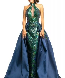 Formal Gowns Johnathan Kayne - 2016 Sequined High Halter Dress With Overskirt