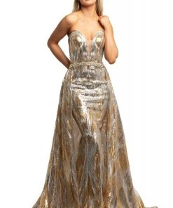 Johnathan Kayne - 2025 Embellished Two Tone Deep V-neck Trumpet Dress