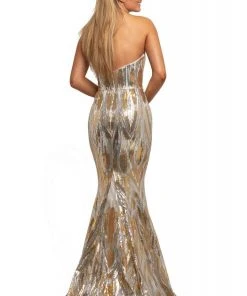 Johnathan Kayne - 2025 Embellished Two Tone Deep V-neck Trumpet Dress