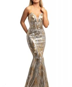 Johnathan Kayne - 2025 Embellished Two Tone Deep V-neck Trumpet Dress