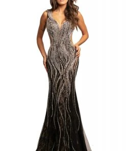 Johnathan Kayne - 2041 Bedazzled Plunging V-neck Trumpet Dress Formal Gowns