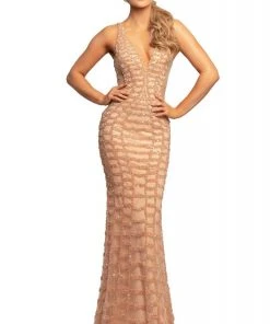 Johnathan Kayne - 2043 Embellished Deep V-neck Trumpet Dress