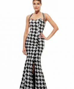 Johnathan Kayne - 6086 Halter Houndstooth Pattern Long Gown Formal Gowns