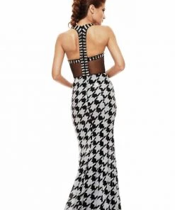 Johnathan Kayne - 6086 Halter Houndstooth Pattern Long Gown Formal Gowns