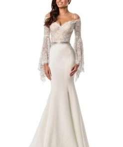 Johnathan Kayne - 7244 Bell Sleeve Off Shoulder Sparkly Mermaid Gown - 1 Pc Ivory/Nude In Size 8 Available Formal Gowns