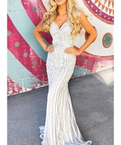 Formal Gowns Johnathan Kayne - 8210 Crystal Embellished Deep V-neck Trumpet Gown