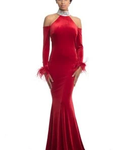 Formal Gowns Johnathan Kayne - 9015 Crystal Embellished High Velvet Mermaid Gown