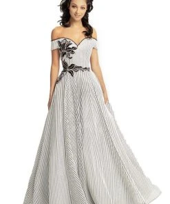 Johnathan Kayne - 9048 Pinstripe Sequined Off-Shoulder Ballgown