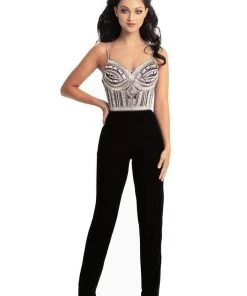 Plus Size Dresses Johnathan Kayne - 9069 Bejeweled Sweetheart Stretch Velvet Jumpsuit