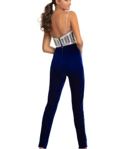 Plus Size Dresses Johnathan Kayne - 9069 Bejeweled Sweetheart Stretch Velvet Jumpsuit