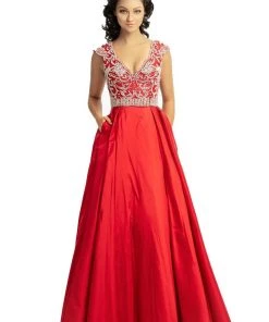 Formal Gowns Johnathan Kayne - 9081 Beaded V-Neck Cap Sleeves Ballgown