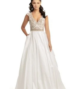 Formal Gowns Johnathan Kayne - 9081 Beaded V-Neck Cap Sleeves Ballgown
