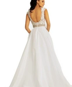 Formal Gowns Johnathan Kayne - 9081 Beaded V-Neck Cap Sleeves Ballgown