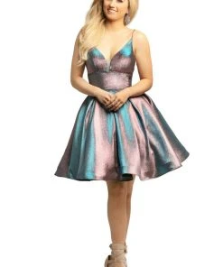 Cocktail Dresses Johnathan Kayne - 9201 Plunging V-Neck Metallic Brocade A-Line Dress