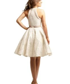 Cocktail Dresses Johnathan Kayne - 9233 Lace Halter Neck Brocade A-line Dress 9 Cocktail Dresses Johnathan Kayne - 9233 Lace Halter Neck Brocade A-line Dress