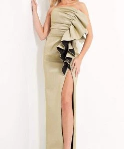 Formal Gowns Jovani - 00414 Strapless Contrast Ruffled High Slit Gown