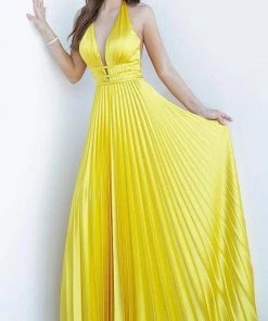 Formal Gowns Jovani - 00637 Deep V-neck Pleated Satin A-line Dress