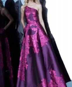 Jovani - 02045 One Shoulder Floral Print Satin Long Gown Formal Gowns