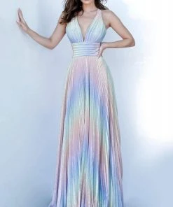 Jovani - 02285 V-Neckline Pleated A-Line Dress Formal Gowns